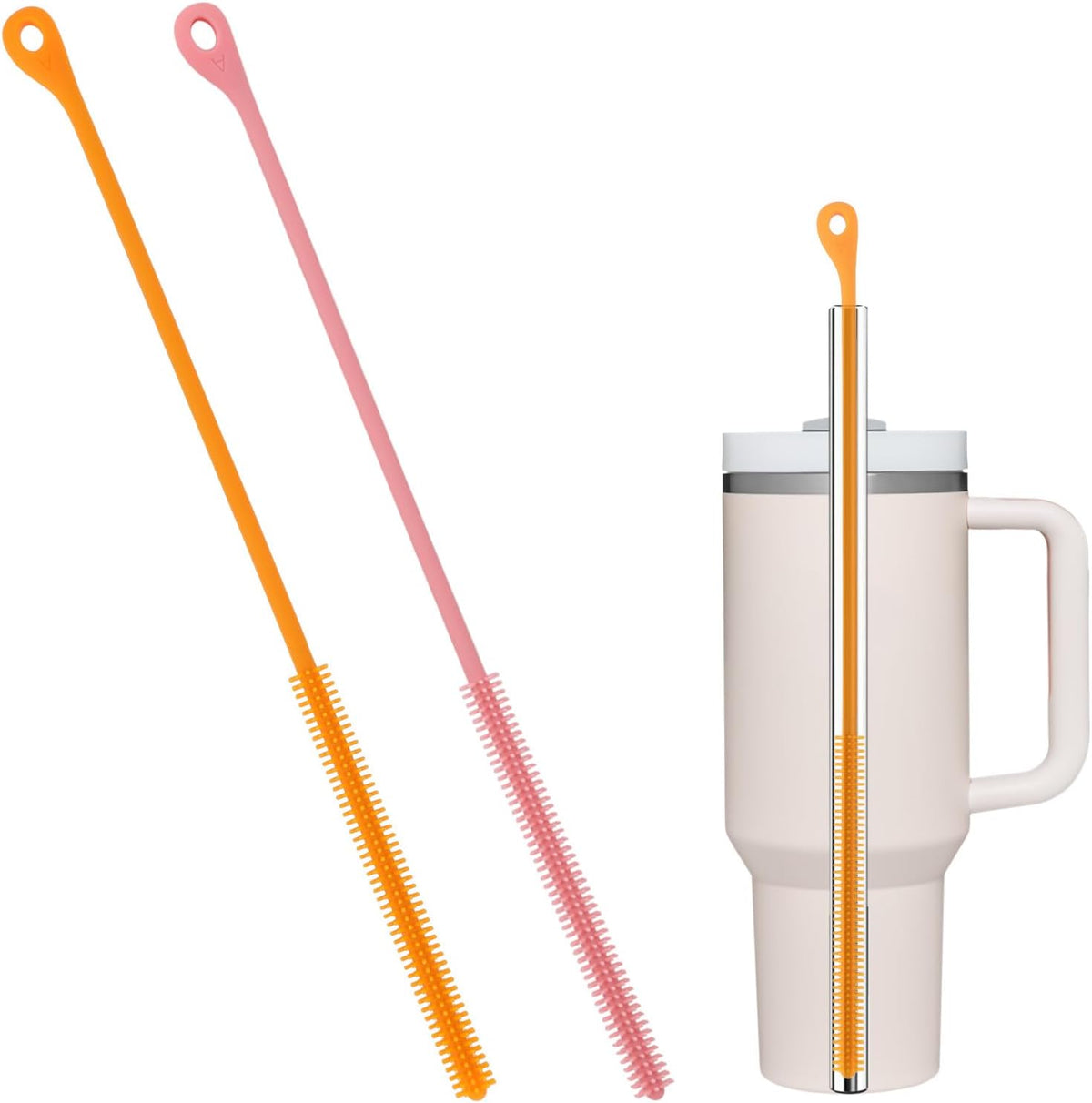 2pcs Silicone Straw Cleaner Brush, 9.44in Extra Long Reusable Straw Brush for Stanley, Metal, Glass Straws, Bendable Travel Drinking Bottle Lid Cleaning Tool for Crevice Pipe Tube (Pink,Orange)