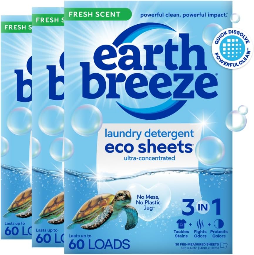 Earth Breeze Laundry Detergent Sheets Fresh Scent - 180 Loads Eco Liquidless Soap - Travel-Friendly for Hot & Cold Cycles, Tackles Tough Stains & Odors - Gentle on Skin, 90 Ct (3 Pack)