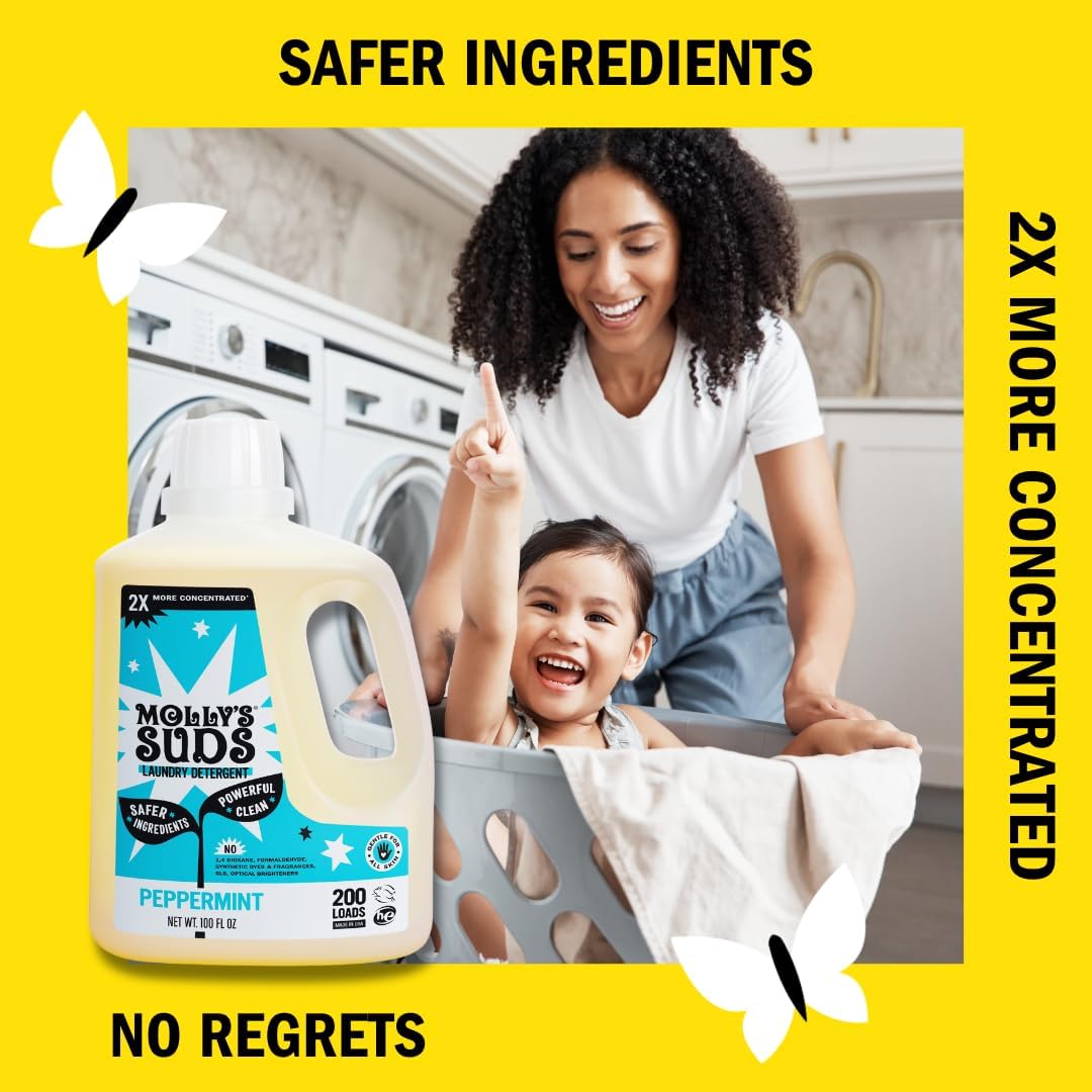 Molly's Suds Liquid Laundry Detergent | Clean Laundry Detergent Soap for Sensitive Skin | 2x Concentrated, High Efficiency (HE) | Peppermint - 100 Loads