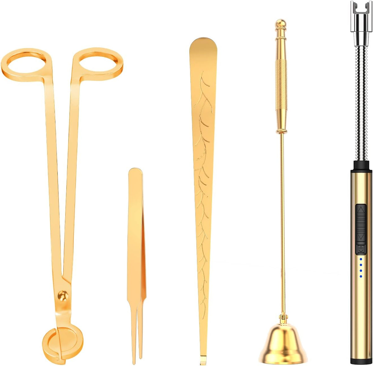 5 in 1 Candle Accessory Set,Candle Wick Trimmer Cutter,Candle Wick Dipper,Candle Wick Snuffer,Rechargeable Candle Lighter,Tweezers,Stainless Steel Candle Care Kit Home Gift for Aromatherapy(Gold)