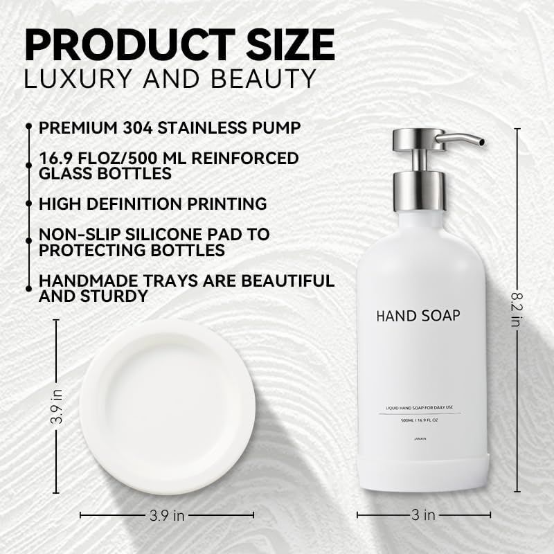 Glass Soap Dispenser Set by Janxin,Bathroom Soap Dispenser Set with Ceramic Tray,Luxury Bathroom Accessories,Modern Kitchen Decor (White+Silver(Hand Soap))