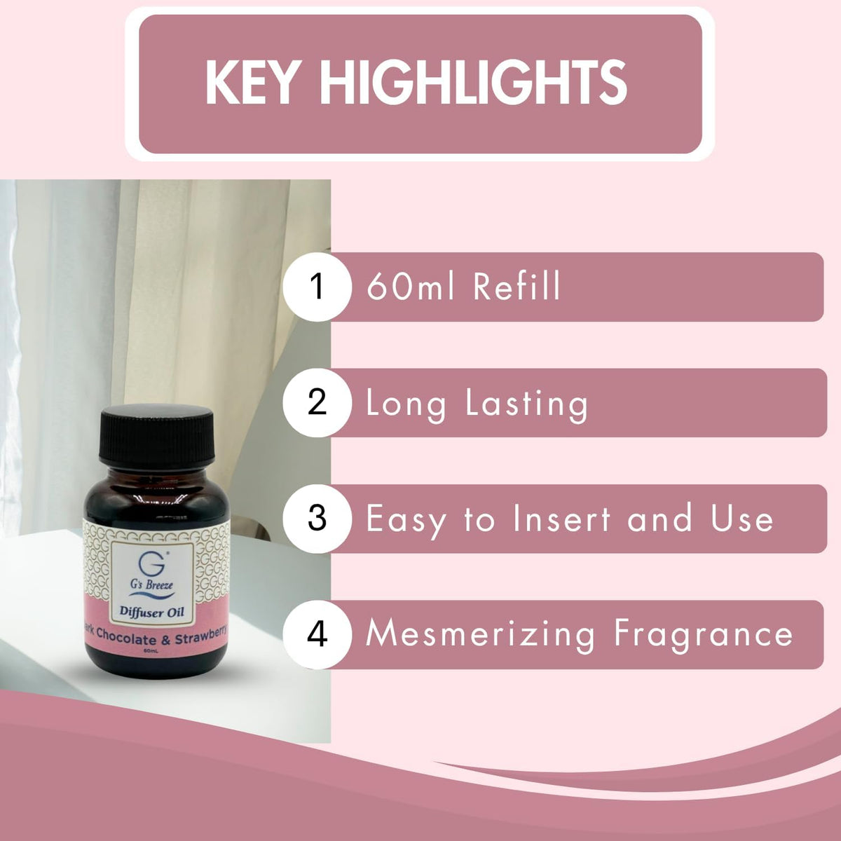 G's Breeze Dark Chocolate & Strawberry Diffuser Oil Refill - Gentle Fragrance & Soothing Aroma of Velvety Dark Chocolate with Juicy Strawberry - Long-Lasting - Ideal for Home, or Office - 60 ML