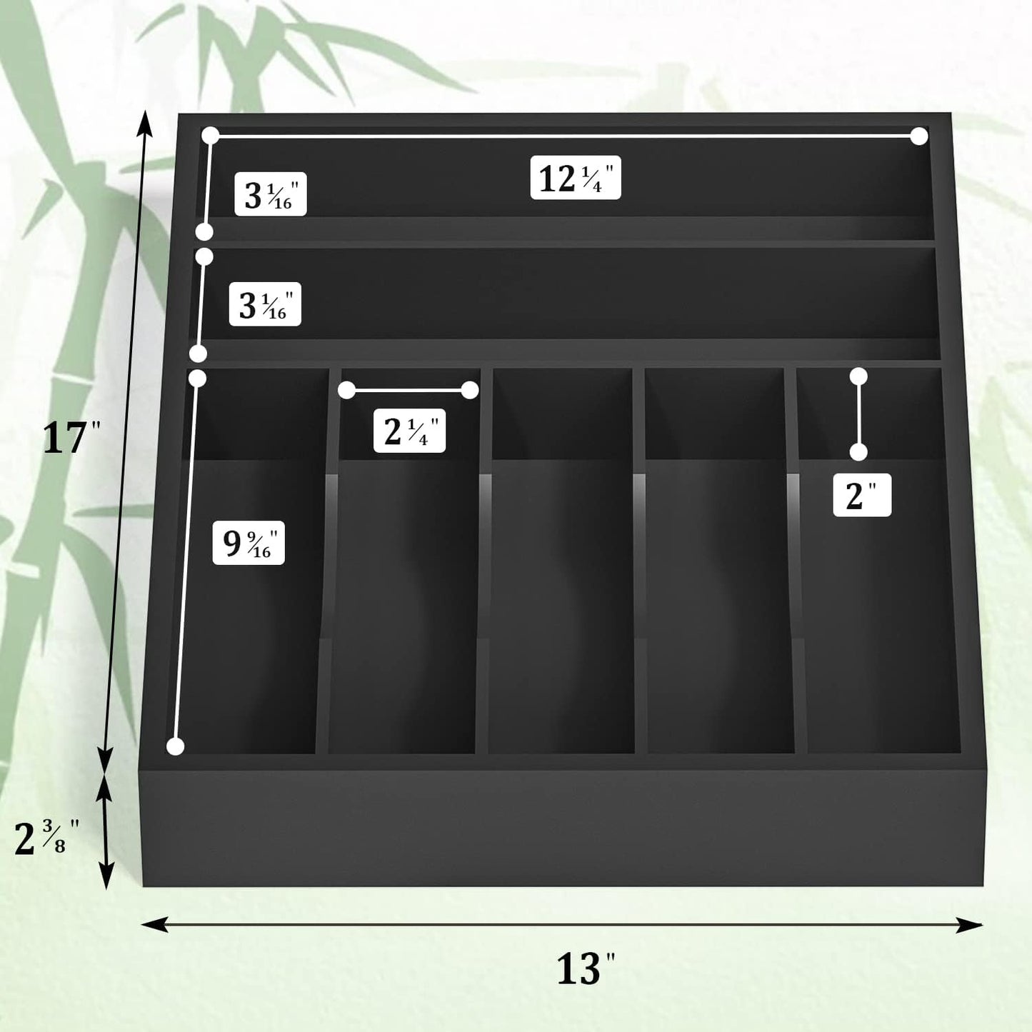 Utensil Organizer Silverware Drawer Organizer - 7 Slots Bamboo Silverware Tray For Kitchen Cutlery Office Supplies Makeup Desk Storage Garage Tool Organization W13”x L17” (Black)