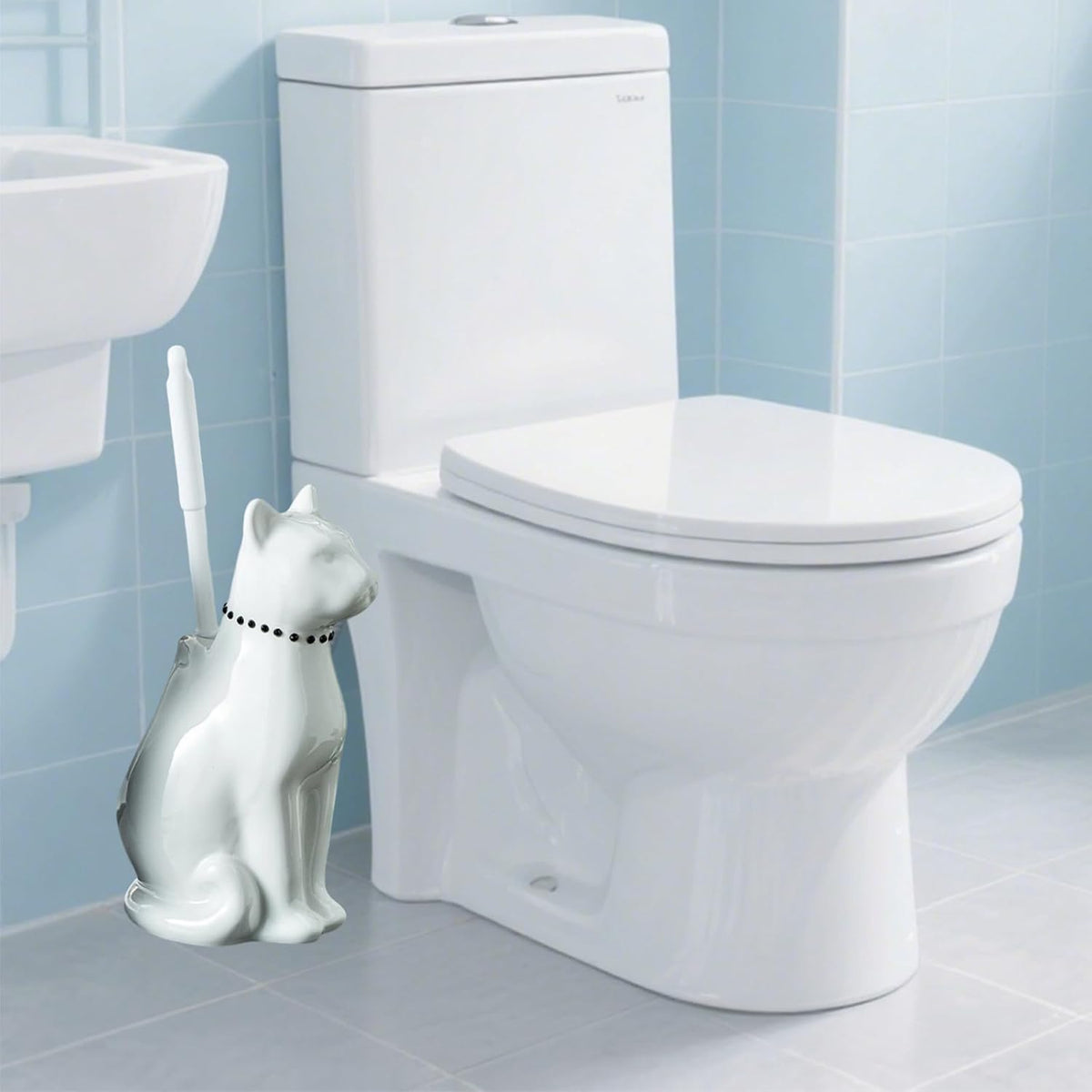 Comeon Ceramic Cat White/Black Toilet Brush and Holder Set, Plastic Handled Scrub Brush for Bathroom Cleaning,10.63"*6.3" (White)