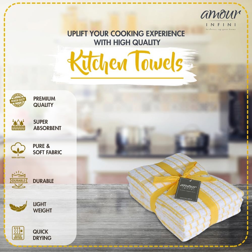 AMOUR INFINI Kitchen Towels Set of 4 - Highly Absorbent, Super Soft Terry Cotton 20x28 Inch Dish Towels with Hanging Loop - Hand & Tea Towels for Cleaning & Drying Dishes (Yellow)