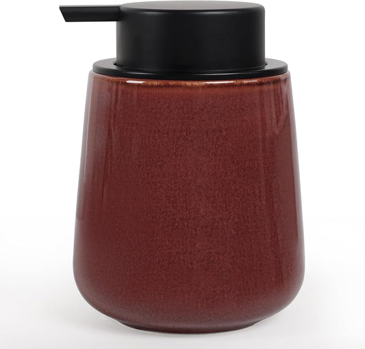 INGOFIN Ceramic Lotion Dispenser - 12 oz Refillable Hand Soap Dispenser Bathroom, Modern Liquid Soap Dispenser with Pump, Dish Dispenser for Kitchen,Kiln-Glazed Red Brown