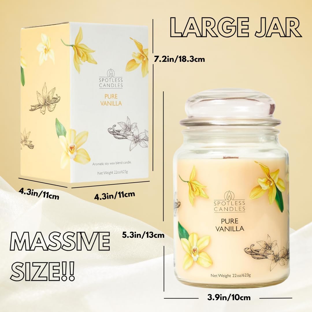 Vanilla Candle 22oz 16" x 9" Reusable Jar Candle 130 Hours Long Burn Time with Wooden Wick in Presentation Gift Box & Protective Shipper Spotless Leopard