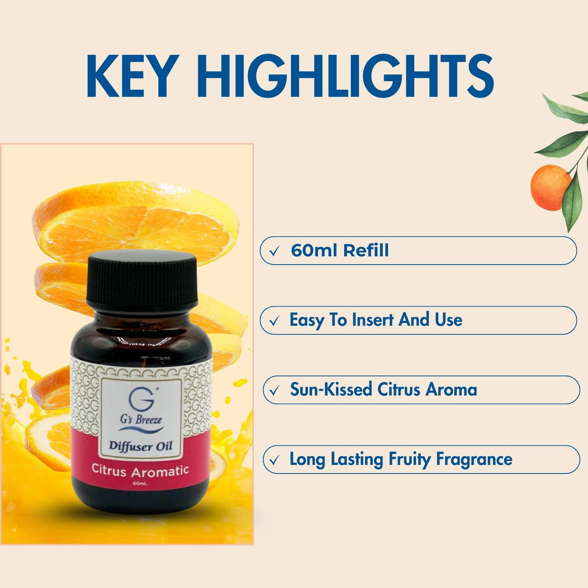 G's Breeze Citrus Aromatic Diffuser Oil Refill - Energize and Cheerful Essence - Fruity Scent of Sun-Kissed Citrus Fruits for Vibrant Atmosphere – Ideal for Home & Office – Long-Lasting Aroma - 60 ML