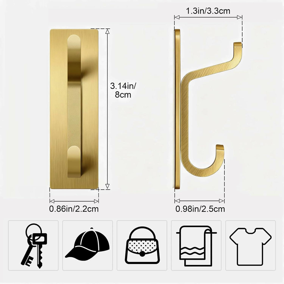 pickpiff Self Adhesive Hooks, Extra Sticky 10LB (Max), Heavy Duty Stainless, Stick On Wall and Door Hooks for Hanging, Bathroom Towel Hooks and Coat Hooks, Robe Hook Wall Mounted, Gold, 4 Pack