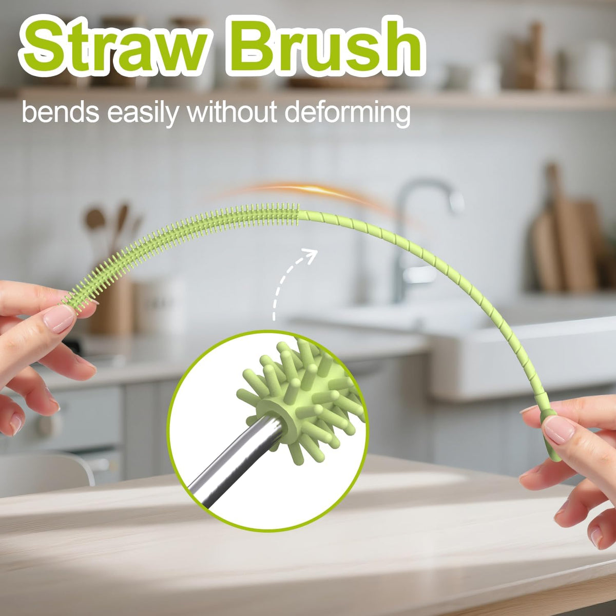 YOTIME Silicone Straw Cleaner Brush, 2 Pcs Reusable Straw Brush(6mm+9mm) for Cleaning Narrow & Wide Straws, Tumblers, Green