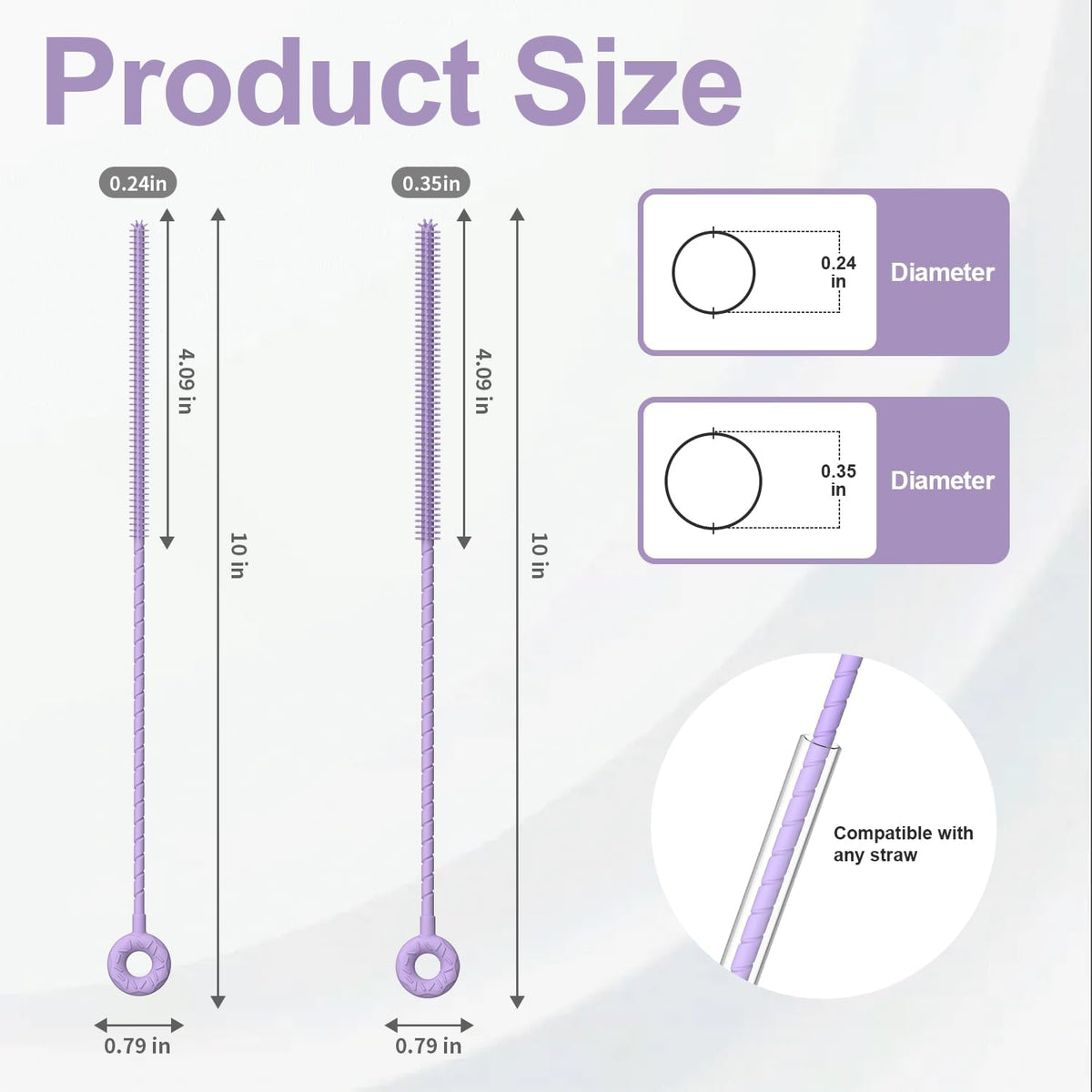 YOTIME Silicone Straw Cleaner Brush, 2 Pcs Reusable Straw Brush(6mm+9mm) for Cleaning Narrow & Wide Straws, Tumblers, Purple