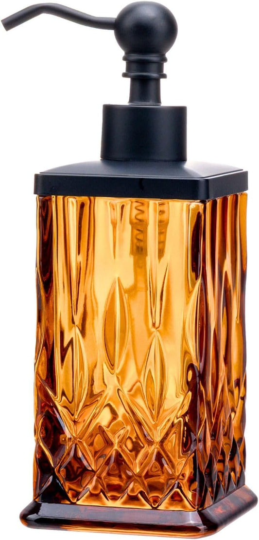 10Oz Amber Glass Soap Dispenser,Heavy Glass & Leak-Proof Rust-Resistant Pump for Kitchen Dish Soap, Bathroom Hand Wash,Vanity Essential Oil,Luxury Bath Decor(Square)