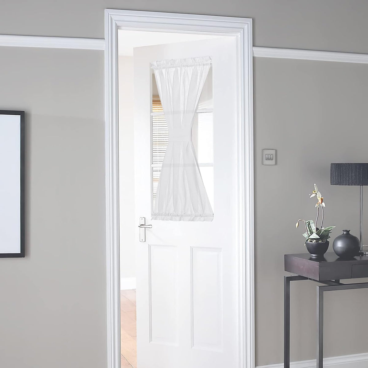 NICETOWN Linen Textured Door Curtain - White Sidelight Panel Curtain Semi Sheer French Front Door Curtain with Tieback for Kitchen, 30 inches W x 40 inches L, Single Panel