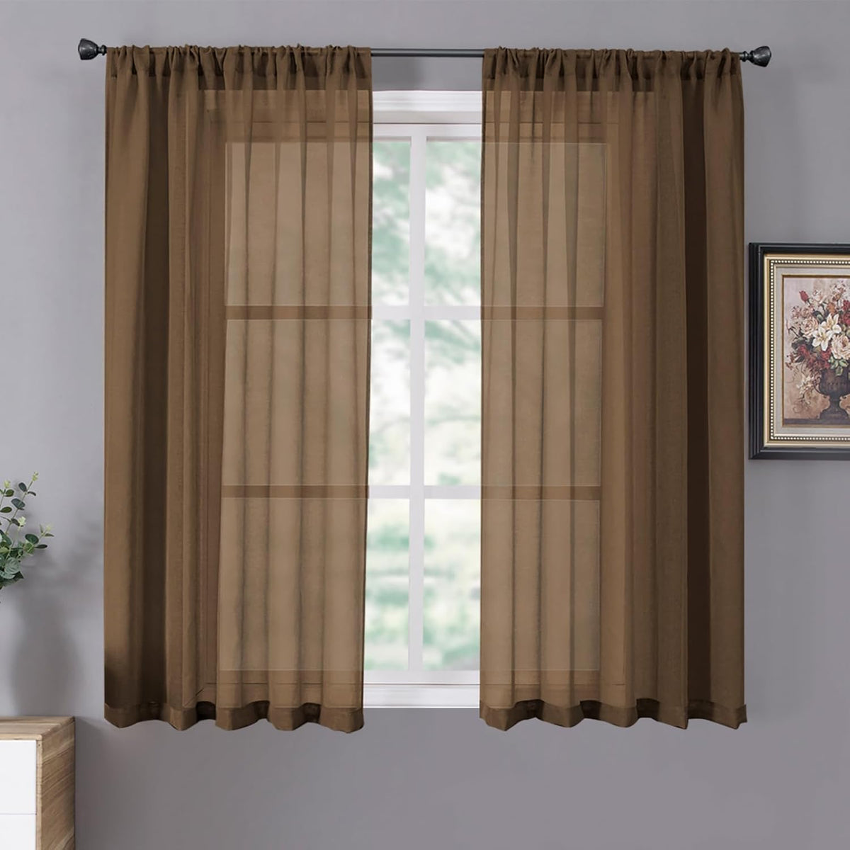 Tollpiz Sheer Curtains Linen Textured Living Room Curtain Sheers Light Filtering Rod Pocket Voile Curtains for Bedroom, 42 x 63 inches Long, Brown, Set of 2 Panels