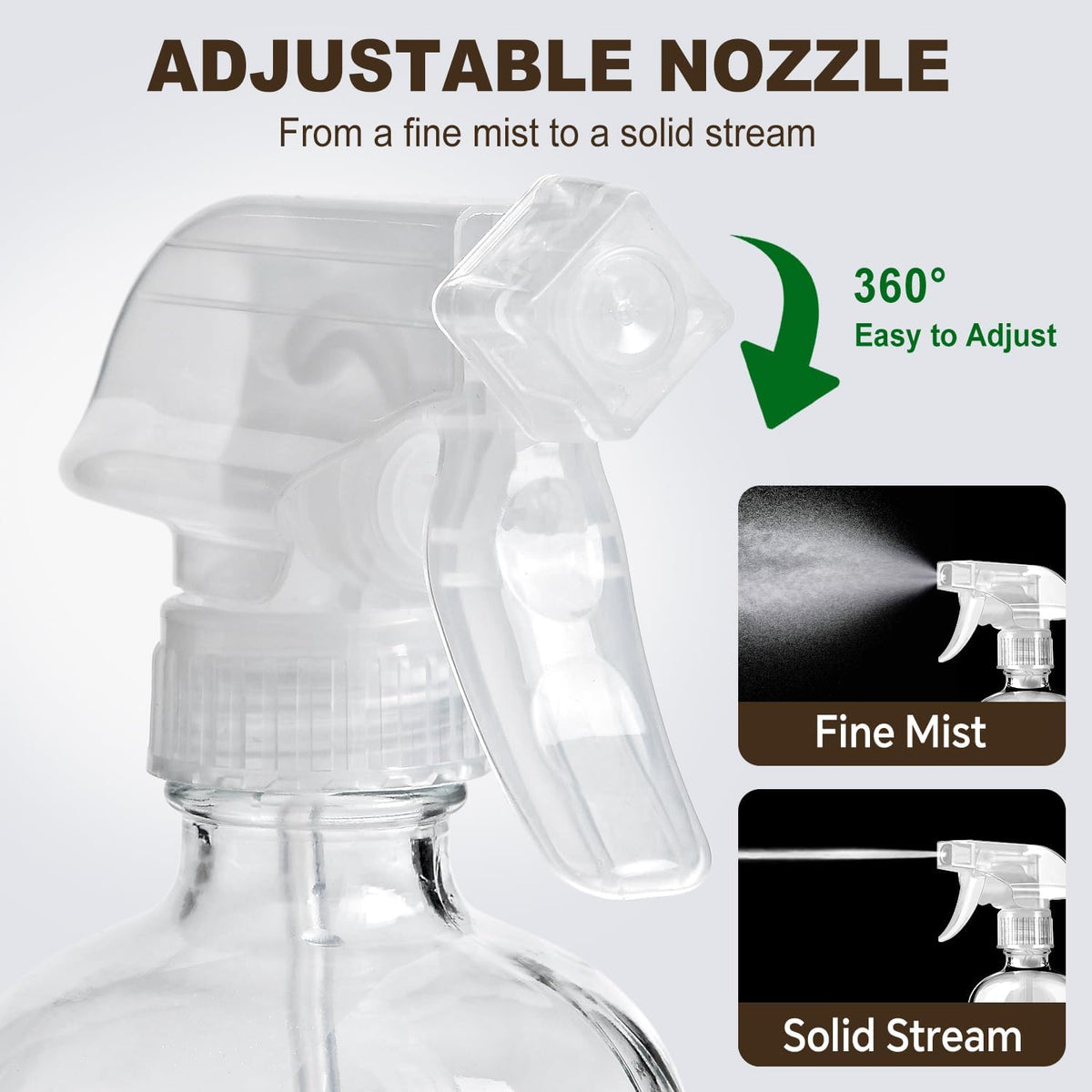 Glass Spray Bottles with Silicone Sleeves (2 Pack, 16 oz), Mist and Stream Empty Refillable Containers, Water Sprayer Misting Bottle for Cleaning Solutions, Planting, Hair Spraying, Green & Grey