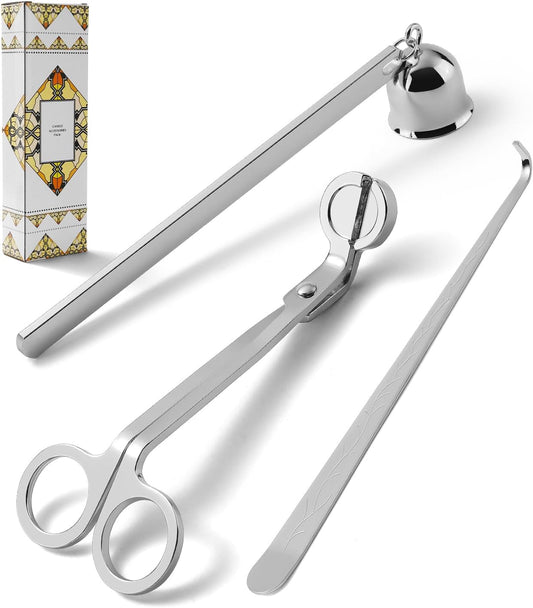 PATOISE 3 in 1 Candle Accessory Set, Candle Wick Trimmer Cutter, Candle Snuffer, Candle Wick Dipper Mini in Gift Package for Candle Aromatherapy Lovers(3PCS Silver)