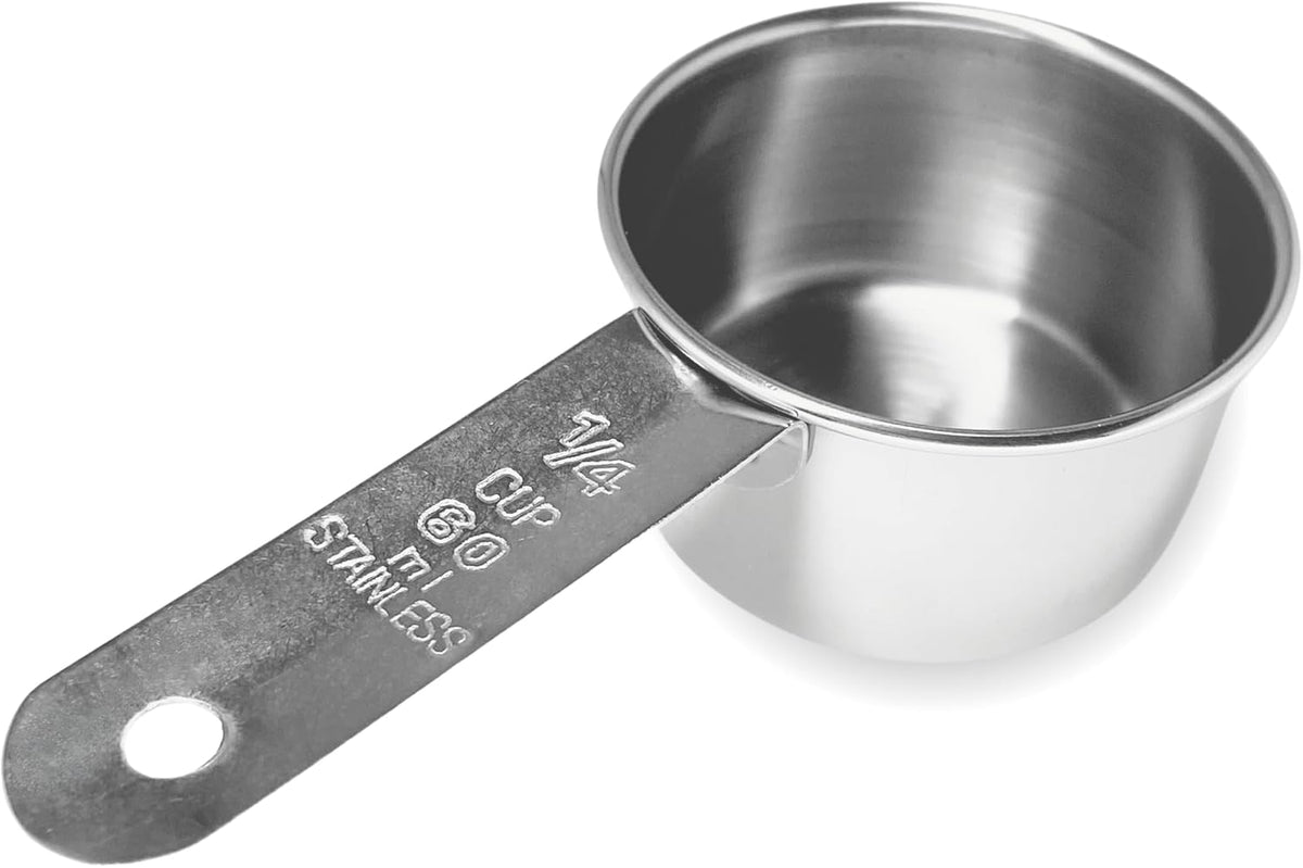 1/4 Cup Stainless Steel Measuring Cup | Sturdy Metal 60 ml | 60 cc | 2 oz | Single Cup for Wet and Dry Ingredients | Great for use as 1/4 Cup Dog Food Scoop - 1 PK