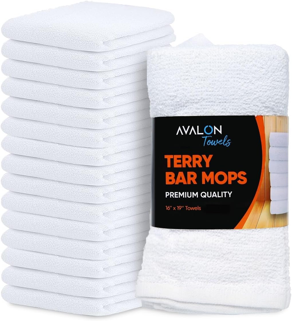 Avalon Towels Terry Bar Mop Towels (Value Pack of 12) Size 16"x19" – Absorbent and Durable, Multipurpose Cleaning Rags, Cotton Cleaning Cloths, Terry Cloth Rags, Reusable Shop Rag