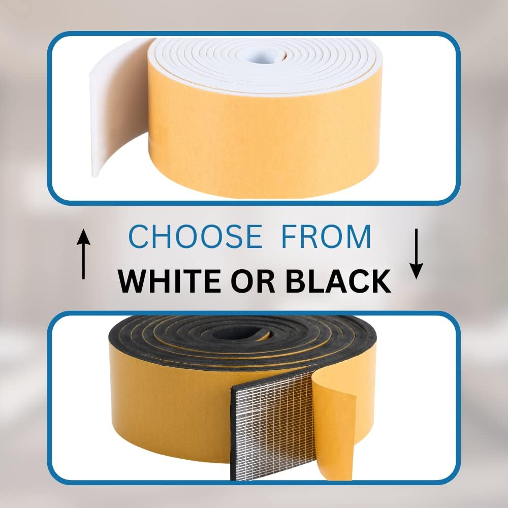 High Density Foam Weather Stripping Door Seal Strip Insulation Tape Roll for Insulating Door Frame, Window, Air Conditioner | Self Adhesive Sealing Weatherstrip (2 in x 1/4 in x 10 Ft, Black)