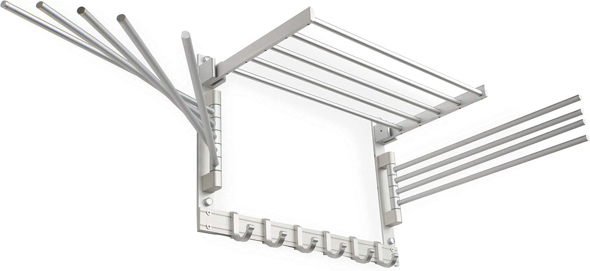 brightmaison BGT Wash Clothes Drying Rack Wall Mount Laundry Room Organizer with Hooks & Swing Arms, 17" Metal Laundry Rack Silver