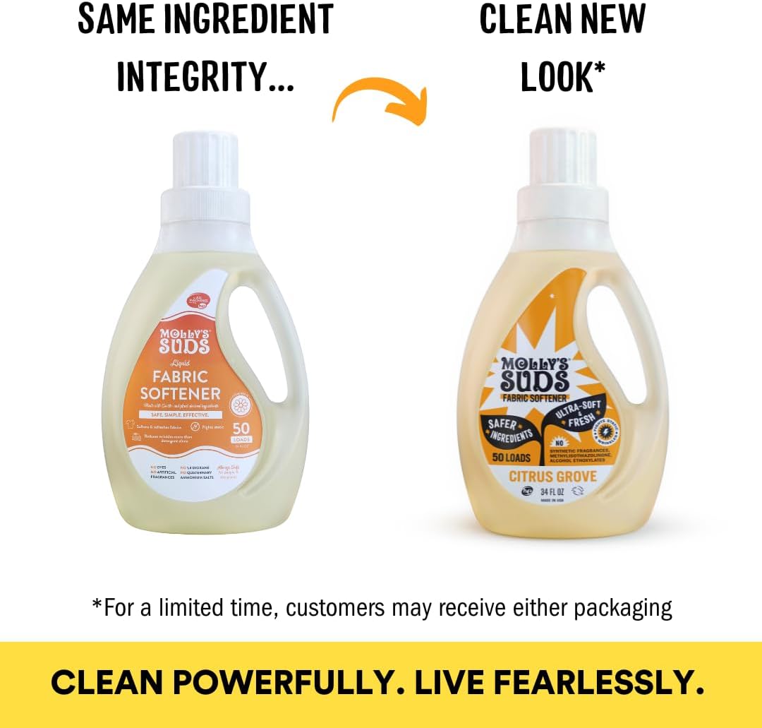Molly’s Suds Fabric Softener Liquid for Sensitive Skin | Vinegar-Powered, Infused with Essential Oils | Fights Static, Reduces Wrinkles, Deodorizes | Citrus Grove, 50 Loads