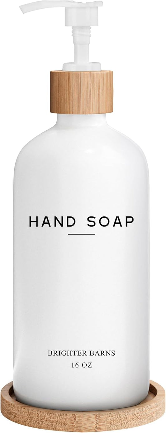 White Glass Hand Soap Dispenser Bathroom Set by Brighter Barns - Liquid Hand Soap Dispenser for Kitchen Sink - Boho Bathroom Pump Bottle Set - Minimalist Home Decor for Vacation Rental, Gifts (White)
