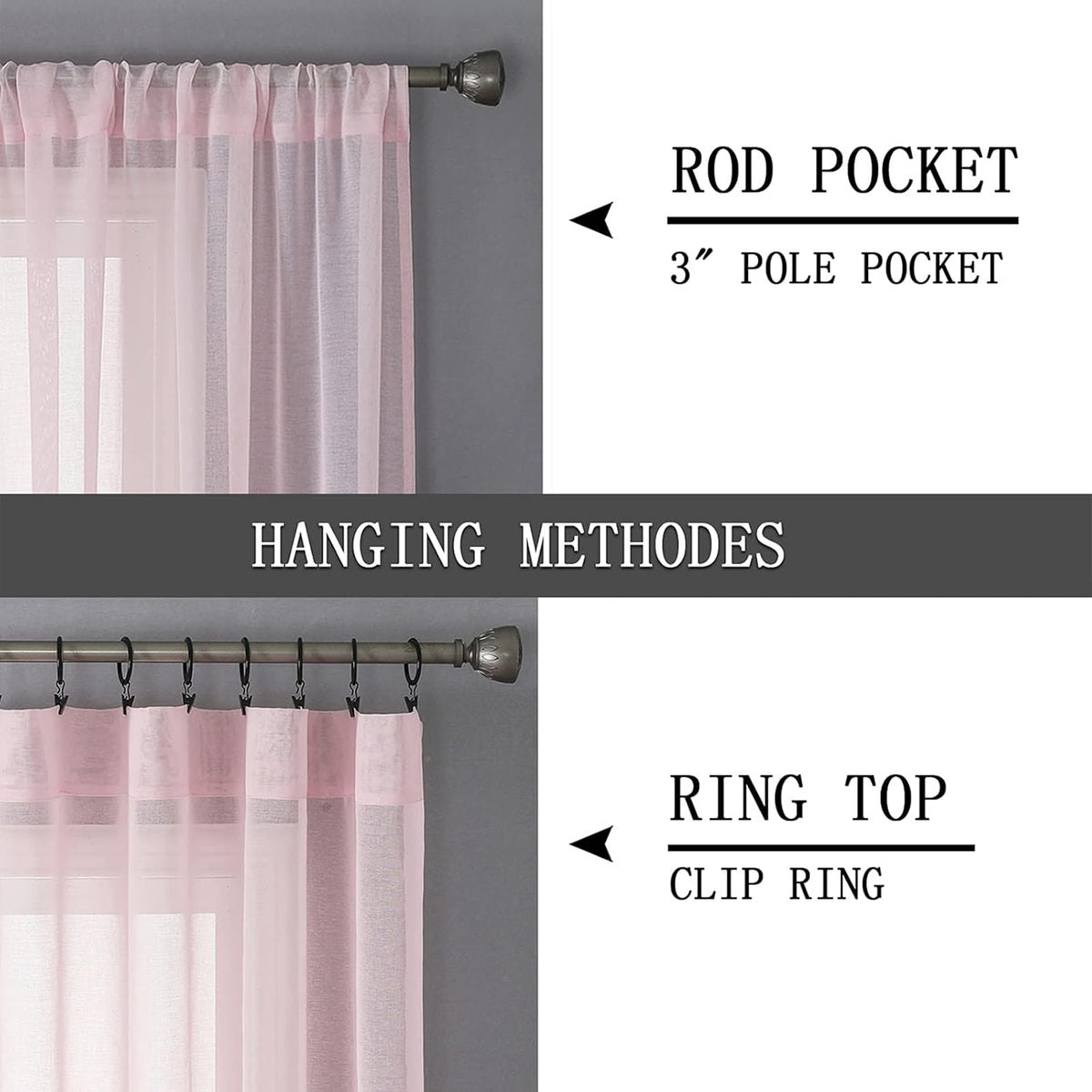 Tollpiz Short Sheer Curtain Linen Textured Bedroom Curtains Sheer Light Filtering Rod Pocket Voile Curtain for Living Room, 54 x 54 inches Long, Pink, Set of 2 Panels