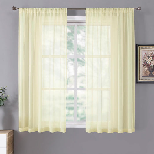 Tollpiz Short Sheer Curtain Living Room Linen Textured Curtains Sheer Light Filtering Voile Rod Pocket Curtain for Bedroom, 38 x 54 inches Long, Transparent Yellow, Set of 2 Panels
