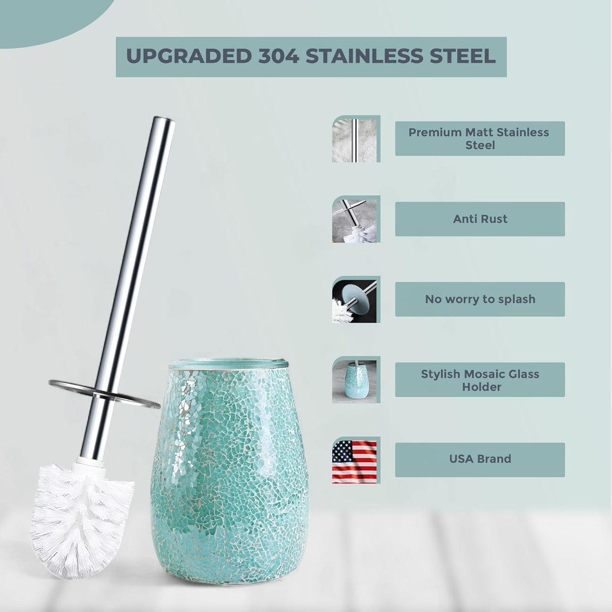 Escenzy Turquoise Green Toilet Brush and Holder Set Mosaic Glass | Non-Rustic Stainless Steel | Practical & Decorative Toilet Bowl Brush and Holder | Luxury Green Bathroom Accessories