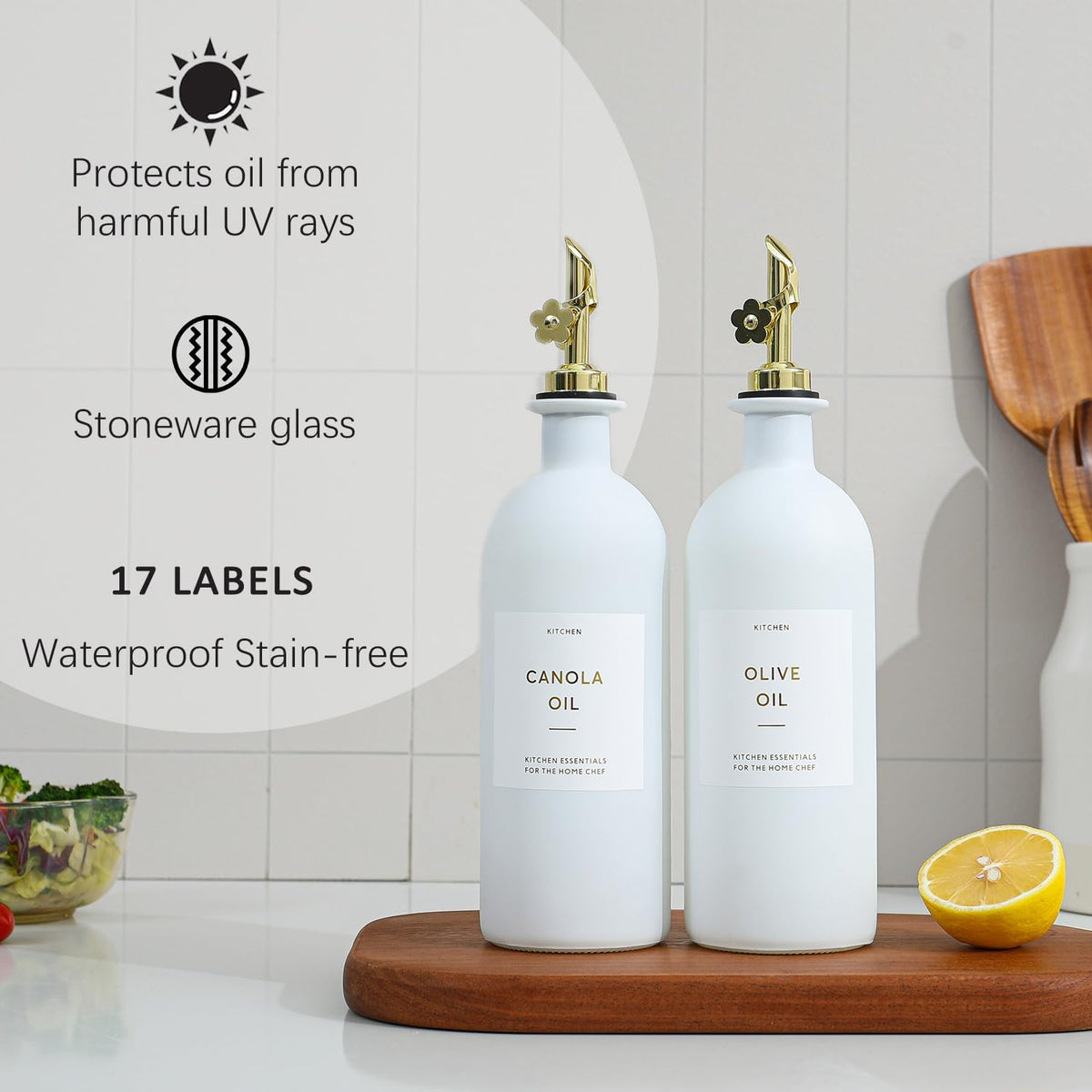 HOMCDALY Olive Oil Dispenser for Kitchen, 16oz Glass Oil Bottles with Bamboo Tray, Gold Oil&Vinegar Cruet Set, Kitchen Dispenser Bottles with Pourer | Set of 2 (16oz – Gold)
