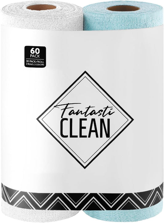 Fantasticlean Microfiber Cleaning Cloth Roll -60 Pack, Tear Away Microfiber Towels, 12" x 12", Reusable, Washable, Scratch Free, Ultra Absorbent Dishcloth for Car, Home Supplies (White & Blue)