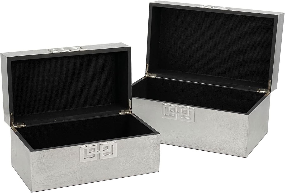 Galt International Storage Box Set Decorative Storage Box w/Hinged Lid Classic Design Wood Decor Boxes with Geometric Clasp Storage for Bedroom & Home - Set of 2 (Silver)