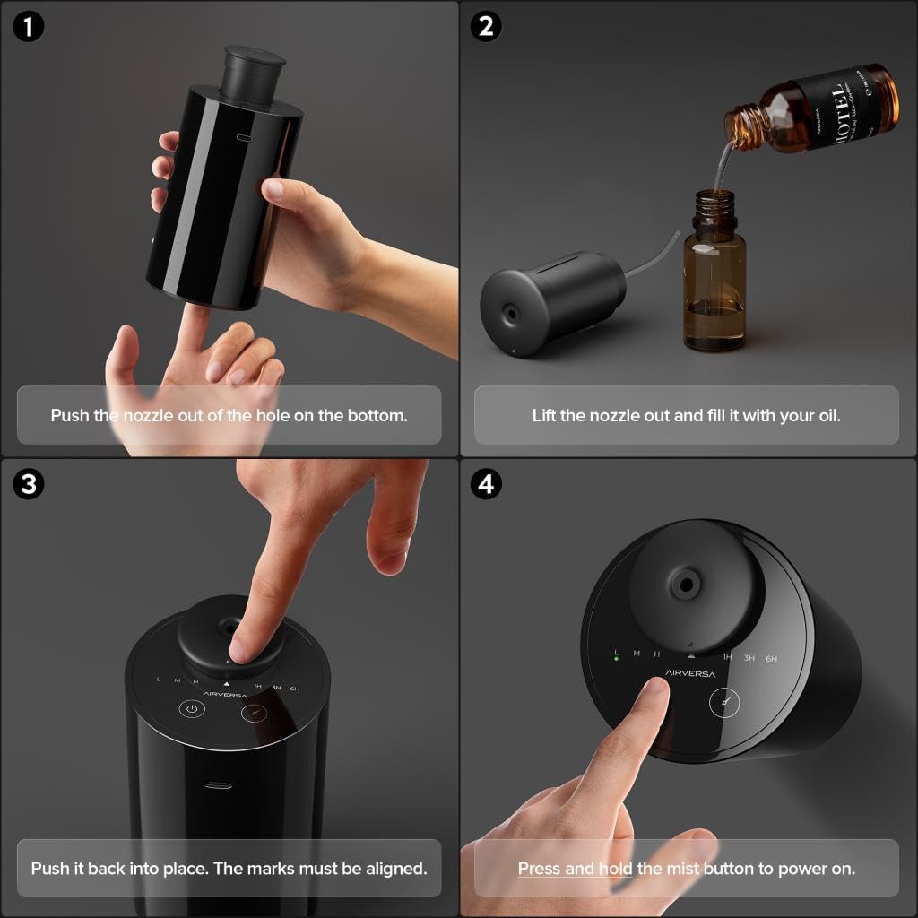 Airversa Waterless Essential Oil Diffuser Starter Kit with 4 x 10mL Fragrance Scent Oil, Battery Operated Mini Scent Air Machine Portable Diffuser for Home Car Office, AN6 White Kit01
