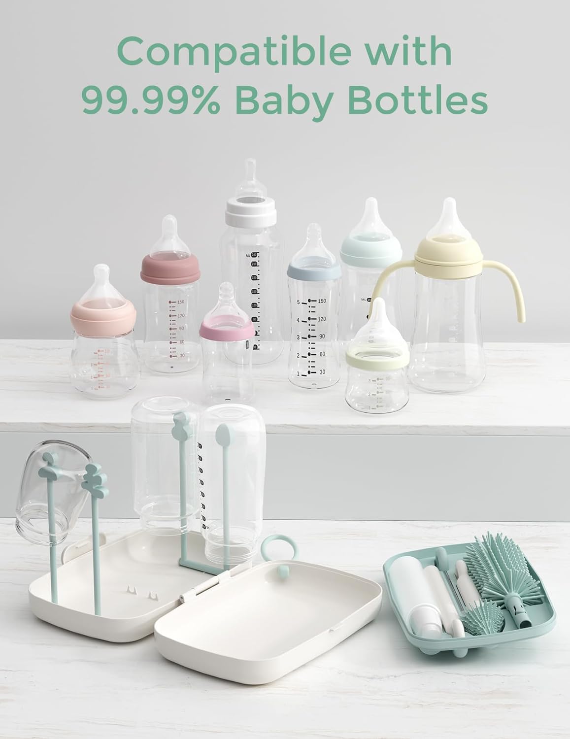 Momcozy Bottle Brush Set - Baby Bottle Cleaner Kit with Silicone Brush, Nipple Brush, Straw Brush, Soap Dispenser, Drying Rack - 7 in 1 Bottle Cleaning Tool for Home and Travel, Green