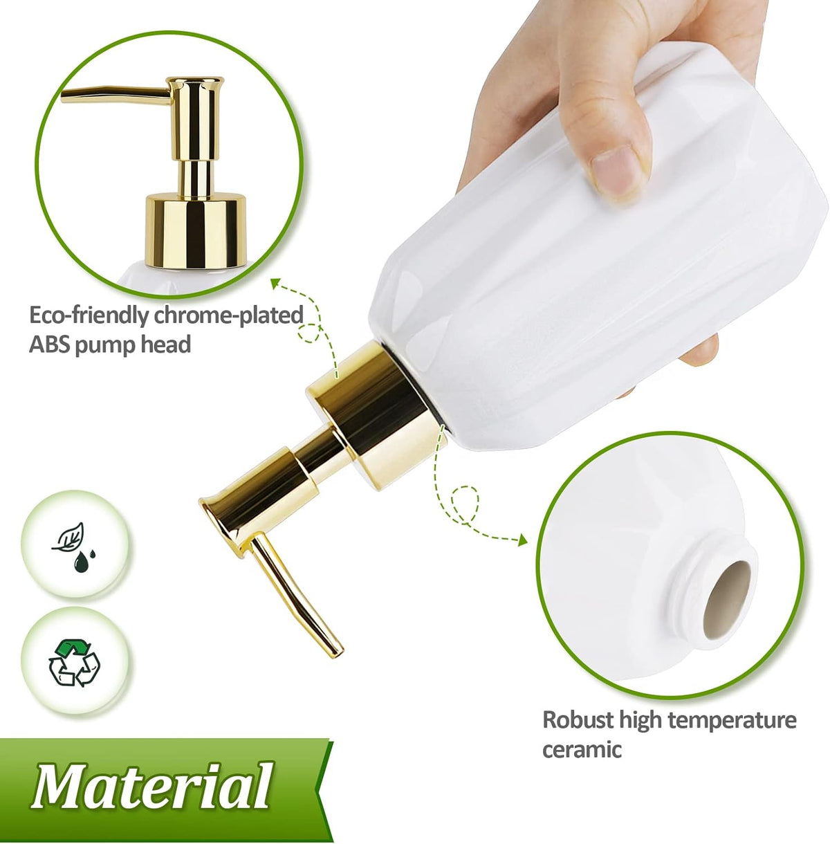 Natheeph Dish Soap Dispenser, Hand Soap Dispenser Ceramic Bottle, Refillable Liquid Great for Kitchen Dish Soap, Hand Soap, Essential Oil & Lotion (New White)