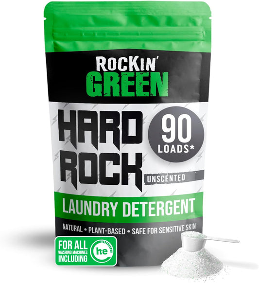 Rockin' Green Hard Rock Laundry Detergent for Hard Water (90 Loads), Plant based, Natural Laundry Detergent Powder, Biodegradable Odor Fighter, Safe for Sensitive Skin, 45 oz (Unscented)