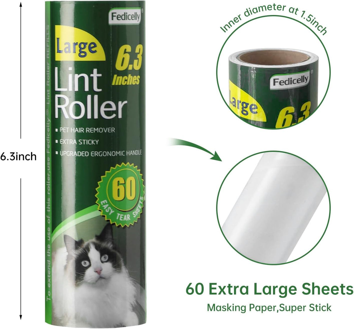 Fedicelly Large Lint Rollers Pet Hair Extra Sticky Furniture,Cat Dog Hair Remover Laundry Clothes Carpet,6.3 inches Wider with 320 Sheets Giant Lint Remover Brush for Couch