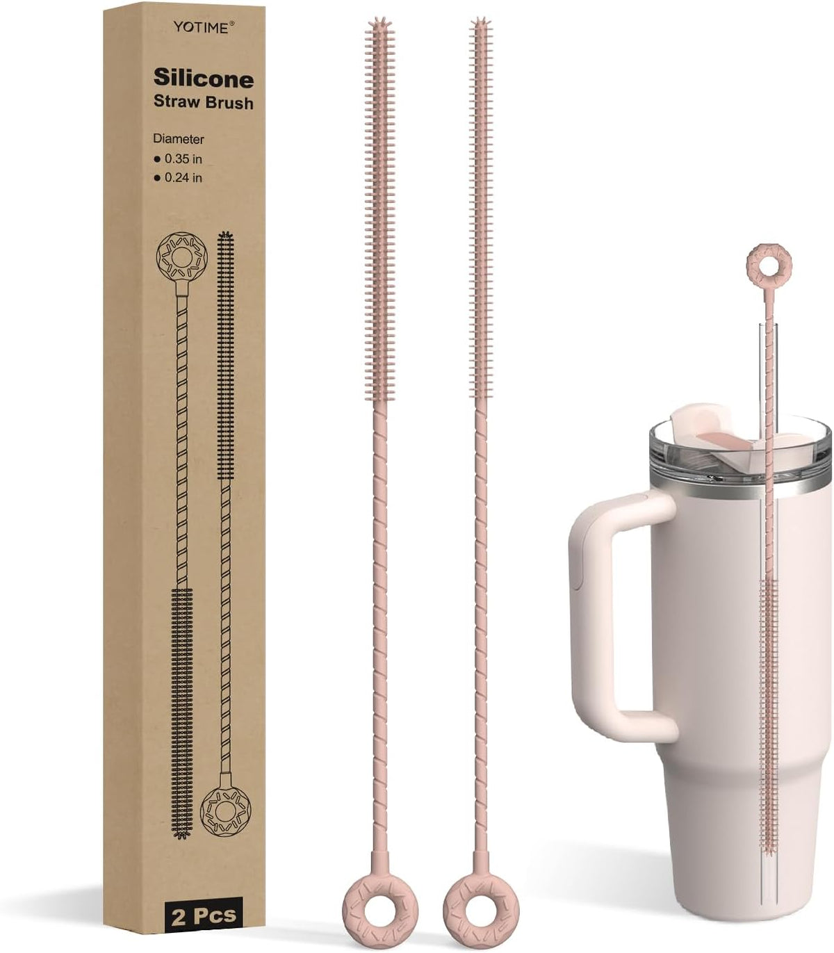 YOTIME Silicone Straw Cleaner Brush, 2 Pcs Reusable Straw Brush(6mm+9mm) for Cleaning Narrow & Wide Straws, Tumblers, Pink