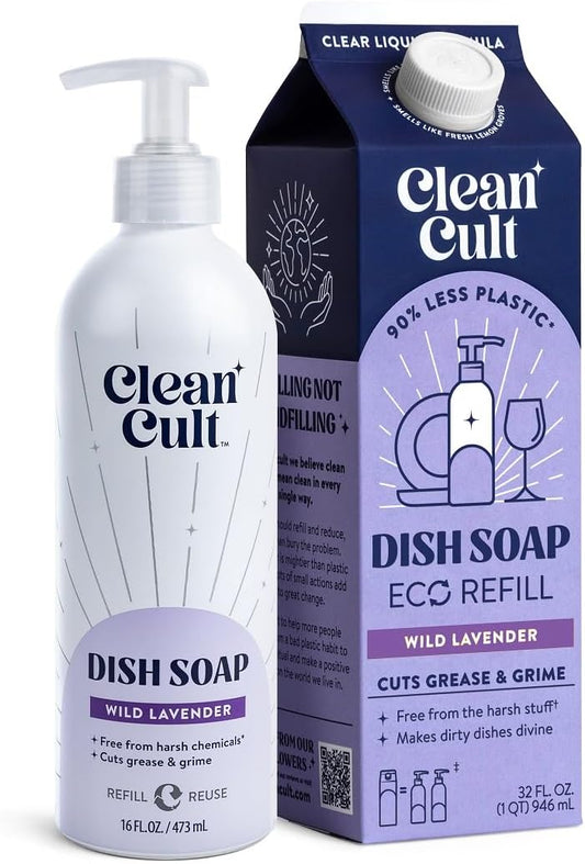 Bundle of Cleancult Dish Soap Liquid Refills (32oz, 1 Pack) Wild Lavender + Cleancult -Wild Lavender - Liquid Dish Soap - Refillable Aluminum Bottle - 16 oz