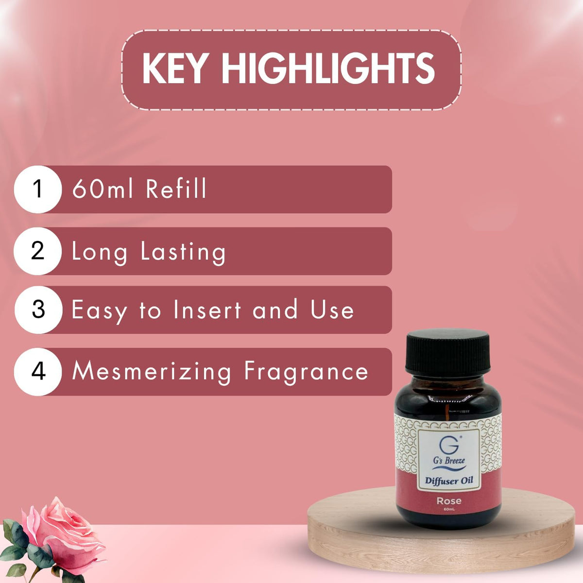 G's Breeze Rose Diffuser Oil Refill - Enchanting Aroma of Blooming Roses – Create a Romantic, Luxurious Atmosphere – Ideal for Home & Office – Long-Lasting Floral Fragrance - 60 ML