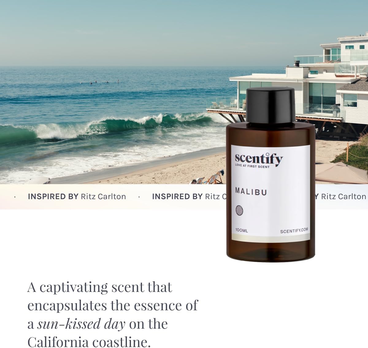 Scentify Malibu Aroma Oil Refill Scent for Oil Diffusers - Lemon, White Tea, Thyme, Cedar, Musk Scents - Luxurious Relaxing Aromatherapy Diffuser Fragrance 100ml, 3.38 oz