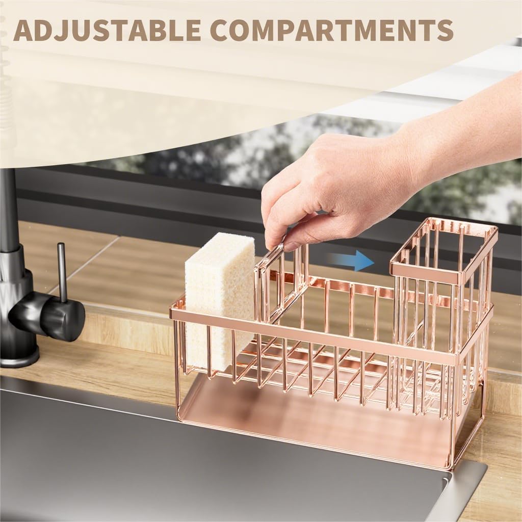 Cisily Sink Caddy Organzier with High Brush Holder, Sponge Holder for Sink, 304 Rustproof Stainless, Kitchen Countertop Soap Dispenser Organizer, Rose Gold Kitchen Decor and Accessories