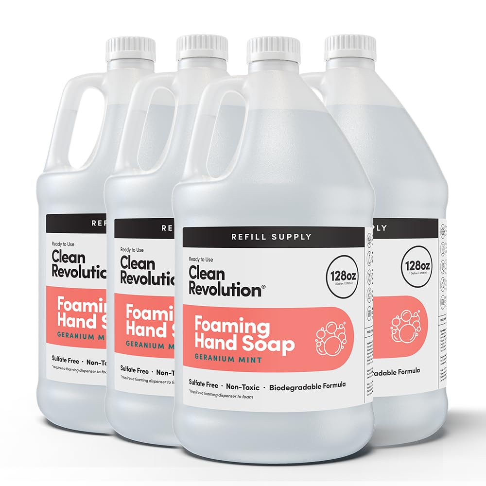 Clean Revolution Foaming Hand Soap Refill Supply Container, Ready to Use Formula, Gluten Free, Geranium Mint Fragrance, 128 Fl. Oz, 4 Pack - Made in USA