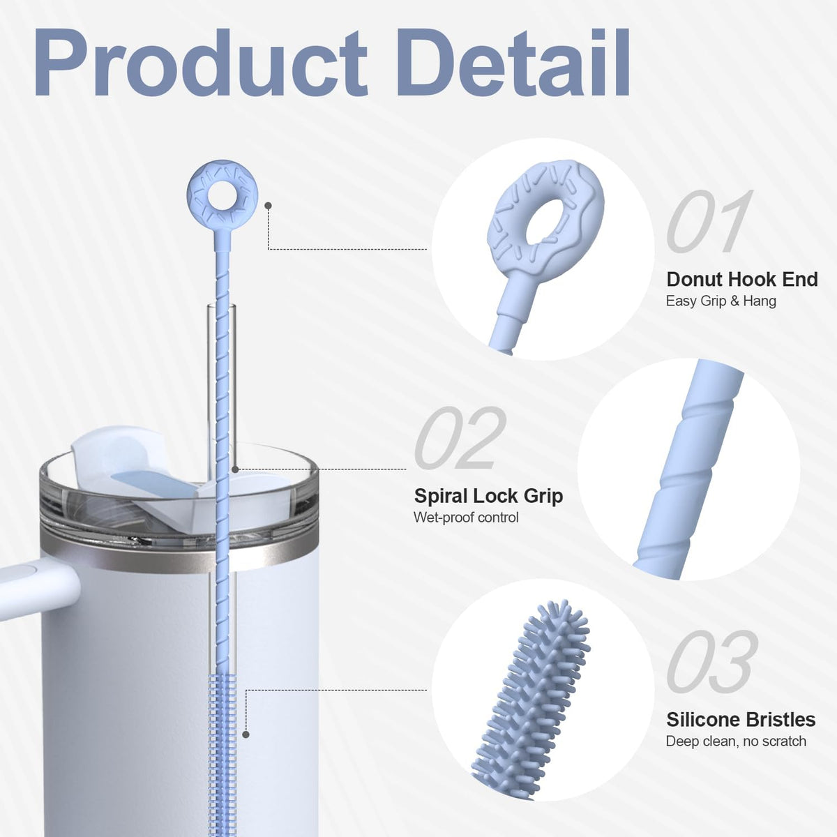 YOTIME Silicone Straw Cleaner Brush, 2 Pcs Reusable Straw Brush(6mm+9mm) for Cleaning Narrow & Wide Straws, Tumblers, Blue