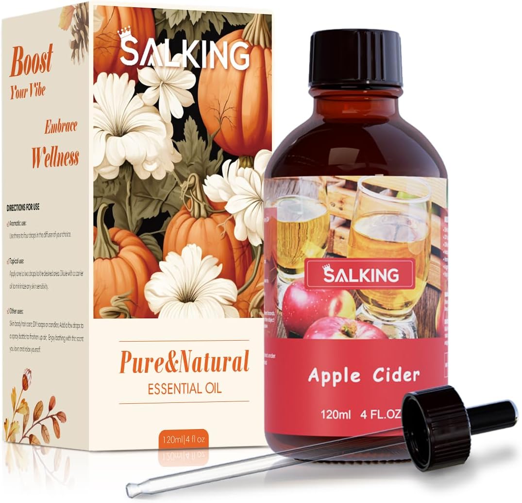 SALKING Apple Cider Fragrance Oil, 120ml (4 Fl Oz) Premium Essential Oils for Diffuser, Candle Scents for Candle Making, Soap Making Supplies, Autumn Scented Diffuser Oil, Halloween Thanksgiving Gift