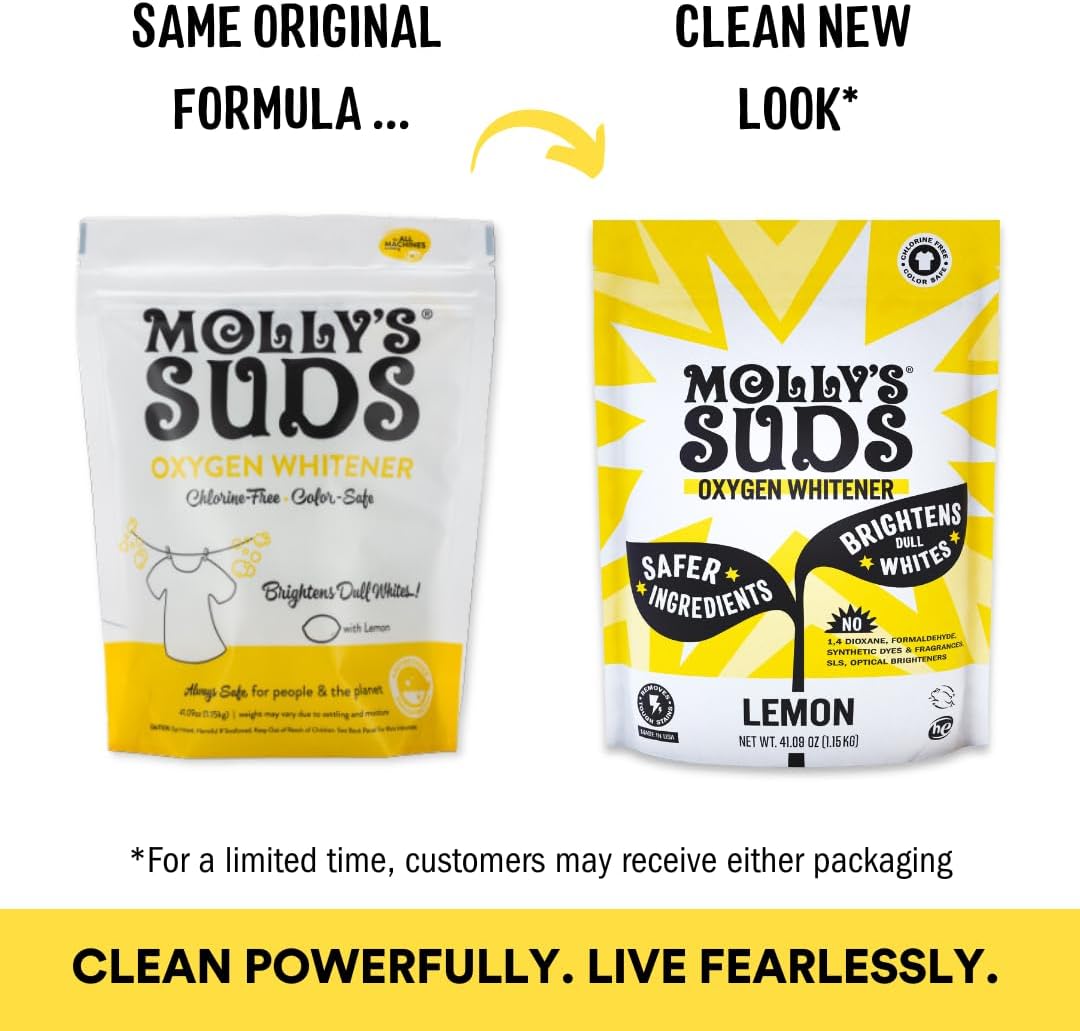 Molly's Suds Oxygen Whitener | Powerful Bleach Alternative, Chlorine Free & Color Safe | Brightens Whites and Removes Stains (Pure Lemon Essential Oil - 158 oz)