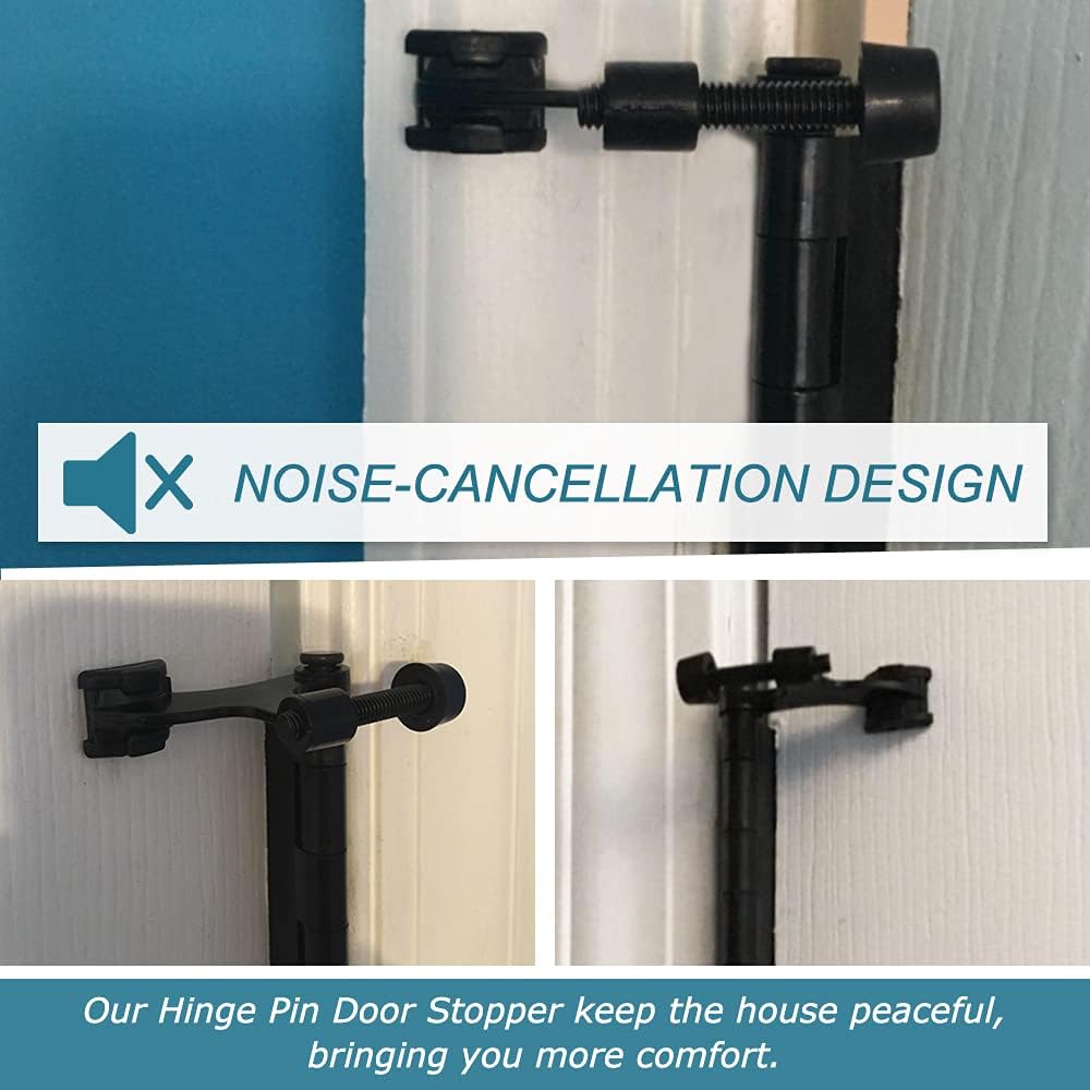 24 Pack Hinge Pin Black Door Stopper, Adjustable Heavy Duty Hinge Pin Door Stop with Black Rubber Bumper Tips
