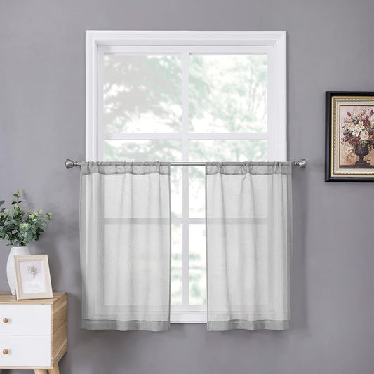 Tollpiz Short Sheer Tier Curtains Linen Textured Half Kitchen Curtain Sheers Light Filtering Rod Pocket Voile Small Curtain for Bathroom, 25 x 24 inches Long, Silver Grey, Set of 2 Panels
