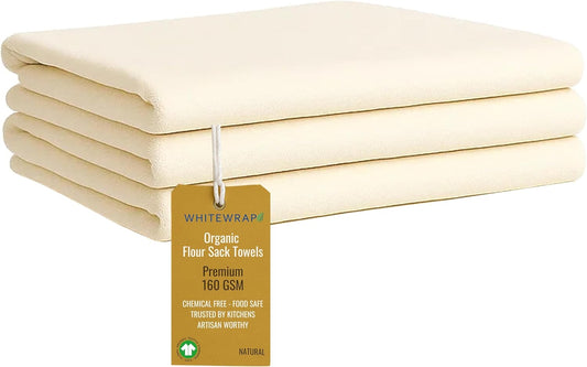 WHITEWRAP Flour Sack Towels| Tea Towel for Crafts| Kitchen Dish Cotton Blank Towel for Embroidery|Baking Bread Proofing Linen Cover| Thick Absorbent Quick Dry| 3Pack 28"x28" Natural