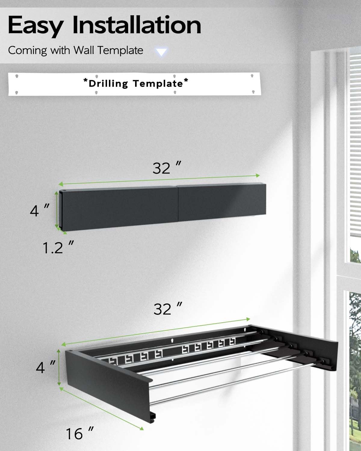 Wall Mounted Clothes Drying Rack 32", Foldable Wall Mount Laundry Rack Folding Indoor, Drying Rack Clothing Collapsible, Hidden Space Saver with Wall Template, 5 Rods, Black